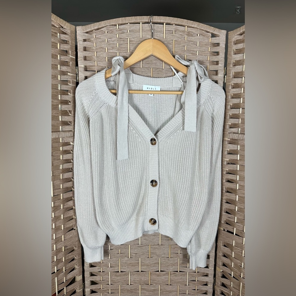 MABLE Off Shoulder Self Tie Strap Button Down Sweater - Size Small - Picture 4 of 10